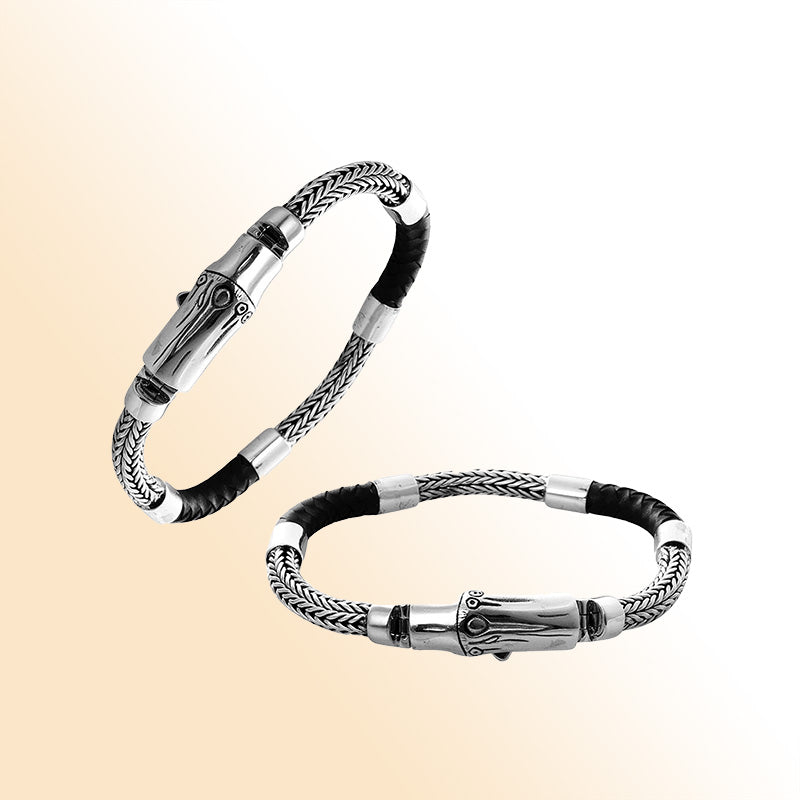 Sterling Silver Black Leather Braided Chain Bracelet With Push Clasp