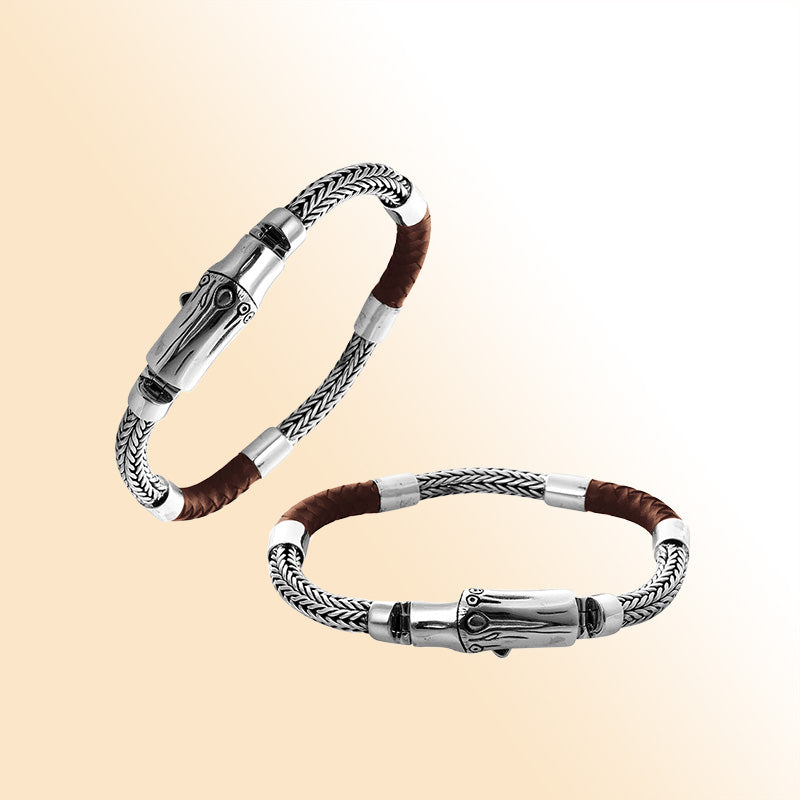 Sterling Silver Brown Leather Braided Chain Bracelet With Push Clasp