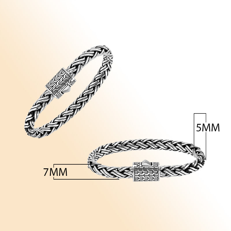 Sterling silver handwoven Bali bracelet with braided chain and secure designer clasp – unisex artisan jewelry for men and women.