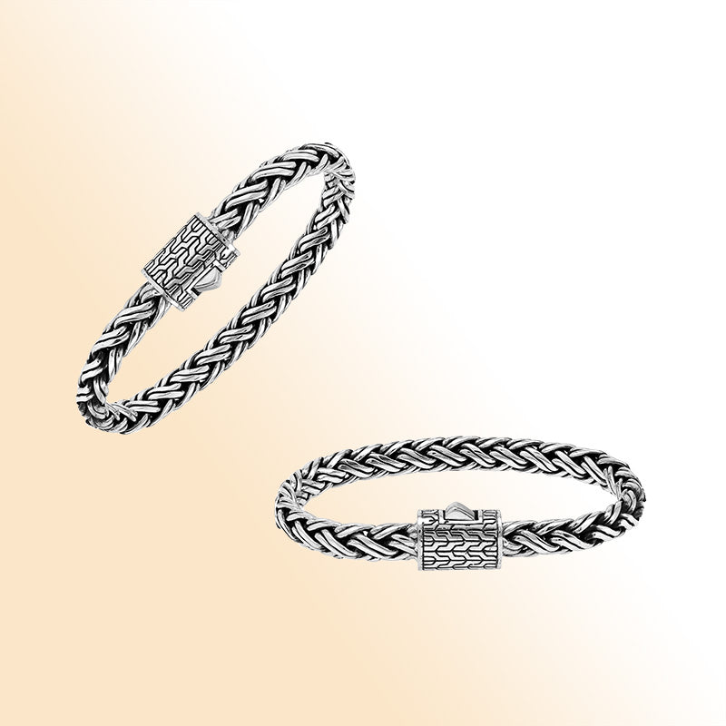 Sterling silver handwoven Bali bracelet with braided chain and secure designer clasp – unisex artisan jewelry for men and women.