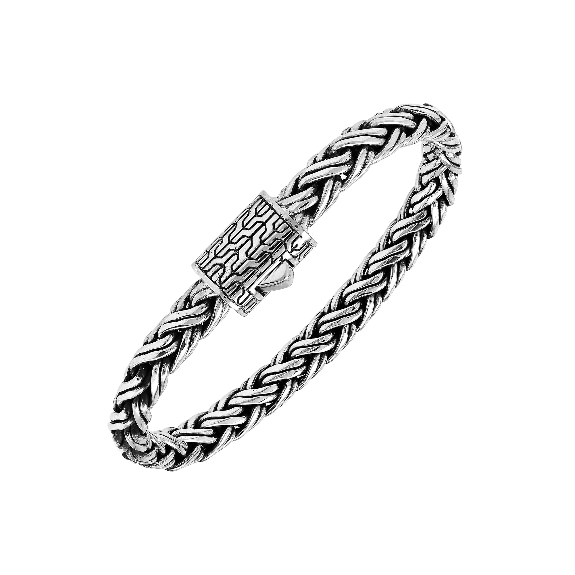 Sterling silver handwoven Bali bracelet with braided chain and secure designer clasp – unisex artisan jewelry for men and women.