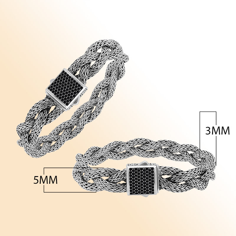 Sterling Silver Twisted Bracelet With Black Zirconia Square Clasp