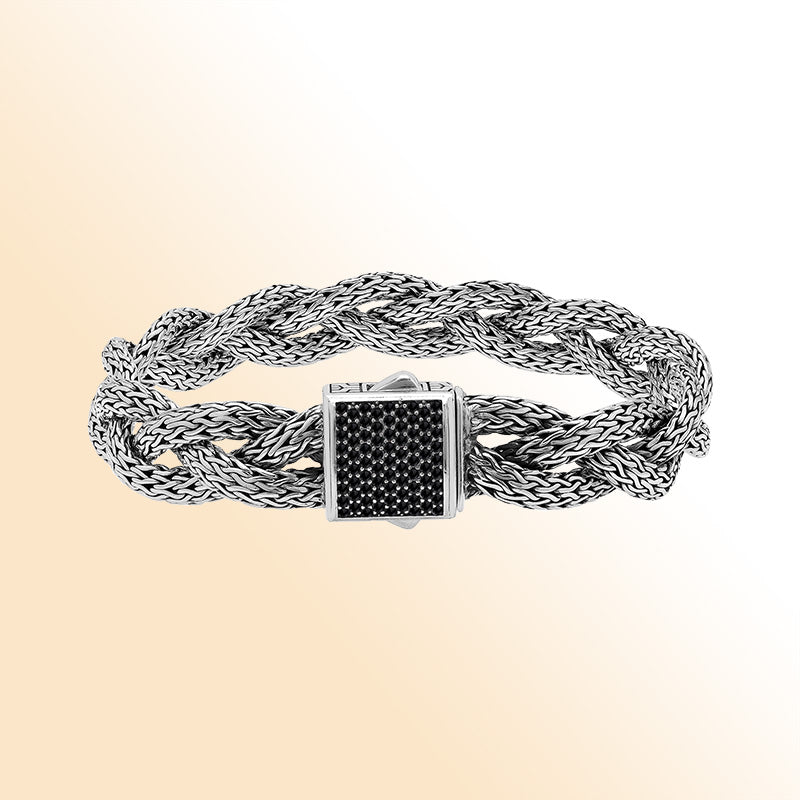 Sterling Silver Twisted Bracelet With Black Zirconia Square Clasp