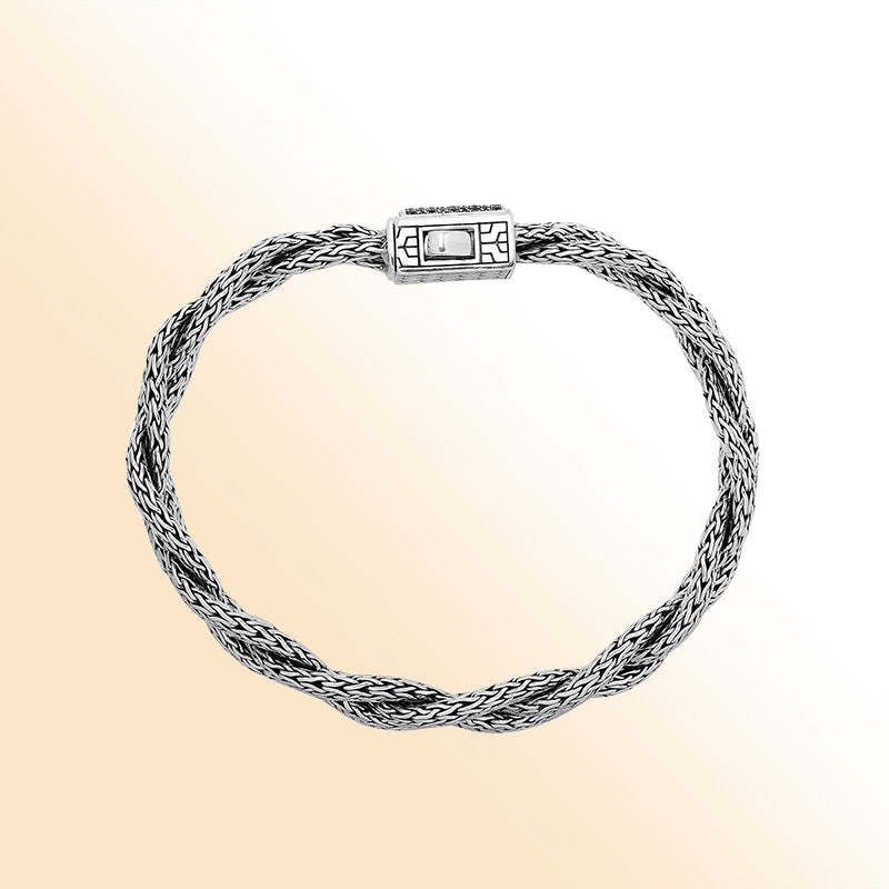 Sterling Silver Twisted Bracelet With Black Zirconia Square Clasp
