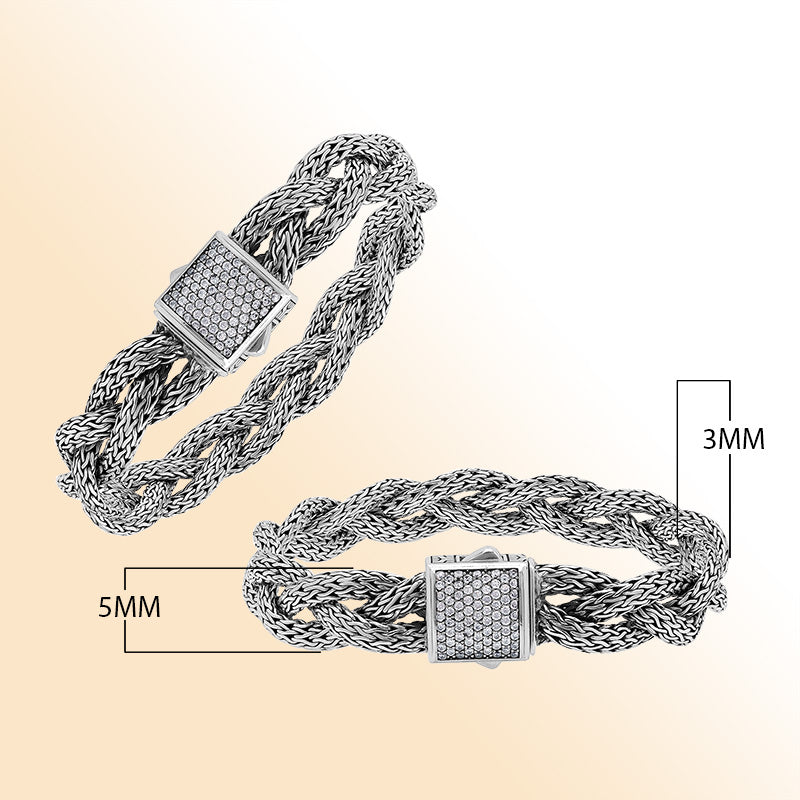 Sterling Silver Twisted Bracelet With White Cubic Zirconia Square Clasp