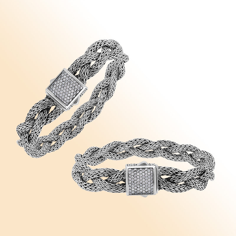 Sterling Silver Twisted Bracelet With White Cubic Zirconia Square Clasp