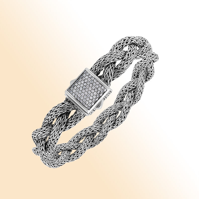 Sterling Silver Twisted Bracelet With White Cubic Zirconia Square Clasp