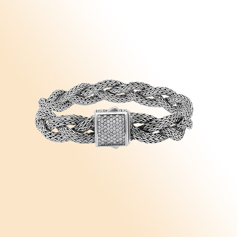 Sterling Silver Twisted Bracelet With White Cubic Zirconia Square Clasp