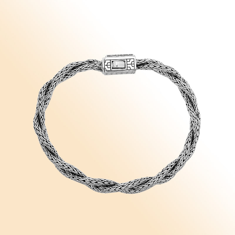 Sterling Silver Twisted Bracelet With White Cubic Zirconia Square Clasp