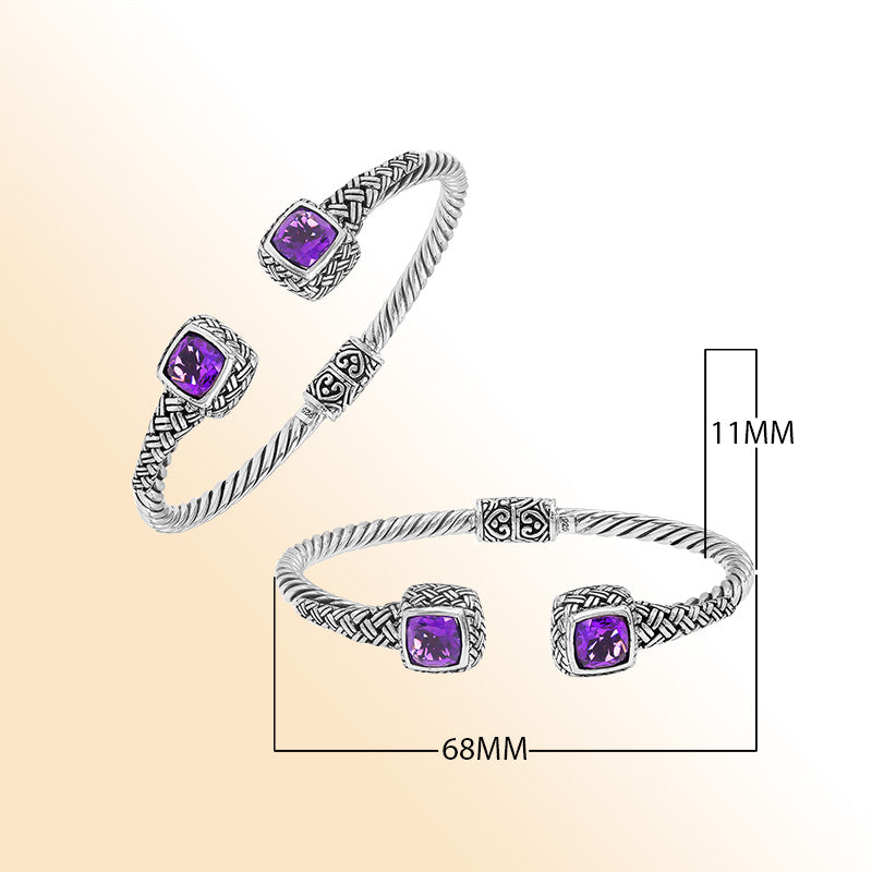 Elegant sterling silver braided bangle with amethyst quartz accents and Balinese detailing