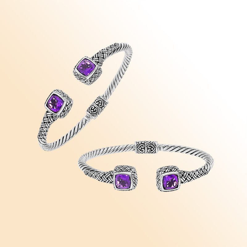 Elegant sterling silver braided bangle with amethyst quartz accents and Balinese detailing