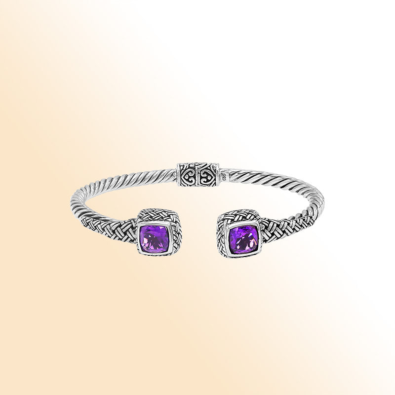 Elegant sterling silver braided bangle with amethyst quartz accents and Balinese detailing