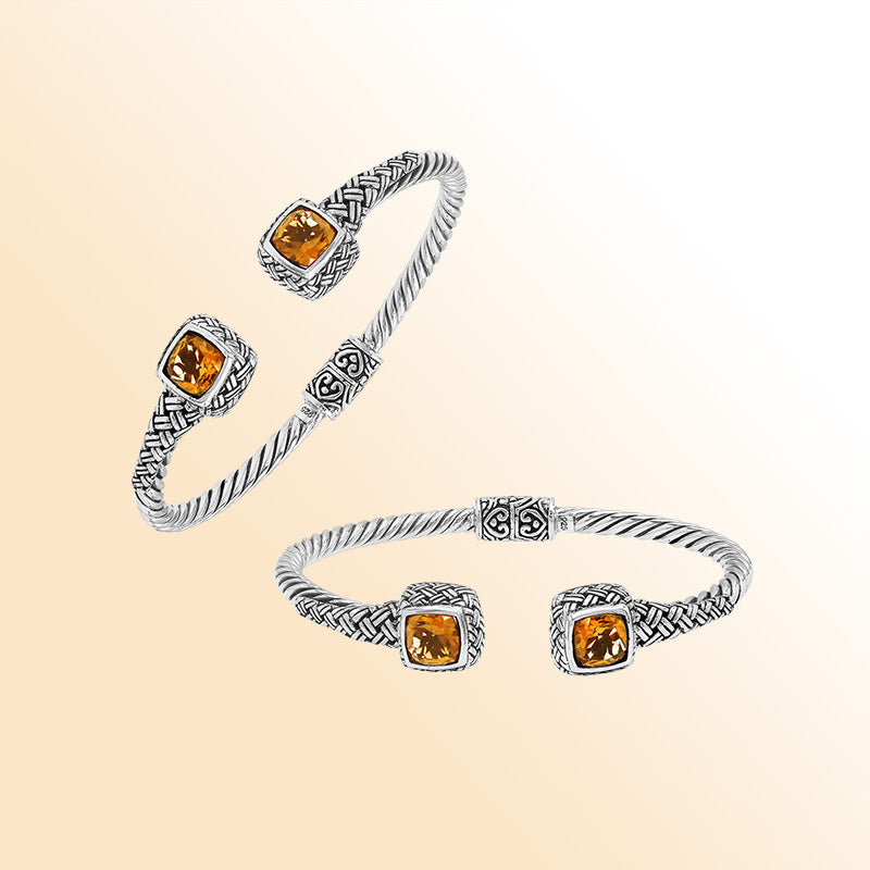 Elegant sterling silver braided bangle with citrine quartz accents and intricate Balinese pattern