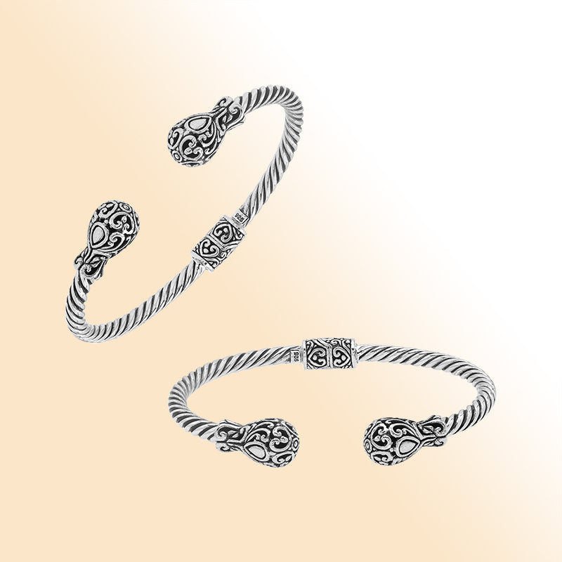 Elegant sterling silver open bangle with twisted rope design and Balinese engraving