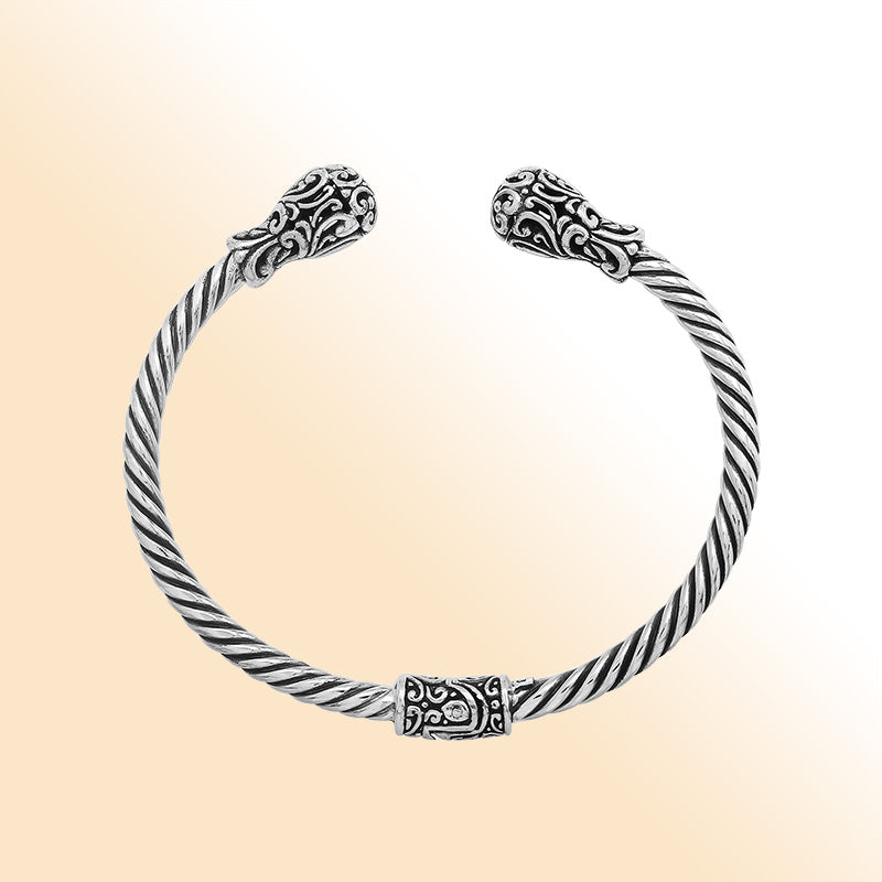 Elegant sterling silver open bangle with twisted rope design and Balinese engraving