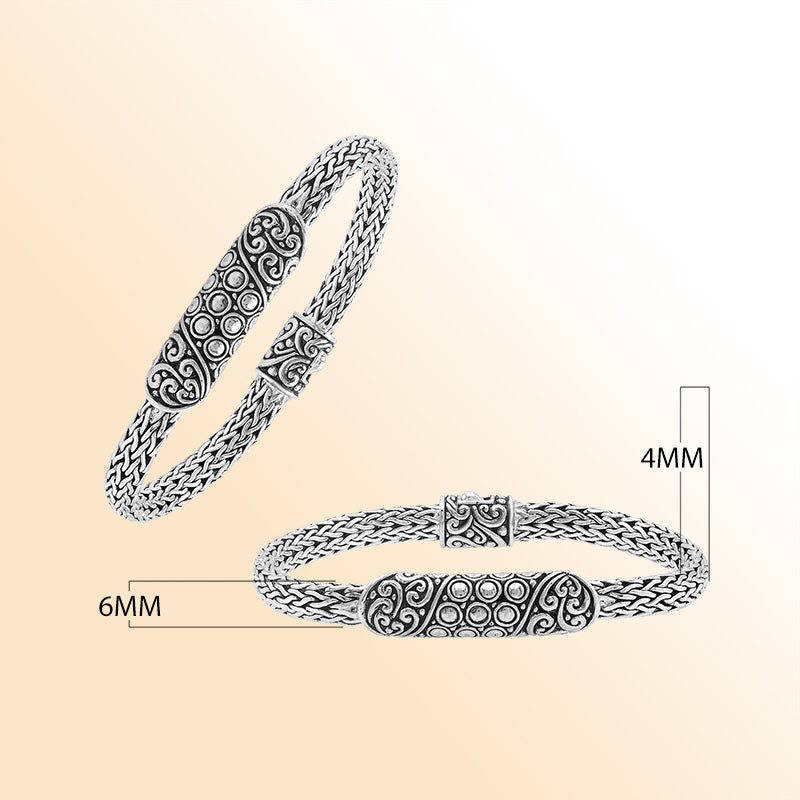 Elegant sterling silver Byzantine bracelet with Balinese bar detailing and oxidized pattern