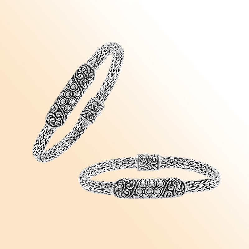 Elegant sterling silver Byzantine bracelet with Balinese bar detailing and oxidized pattern