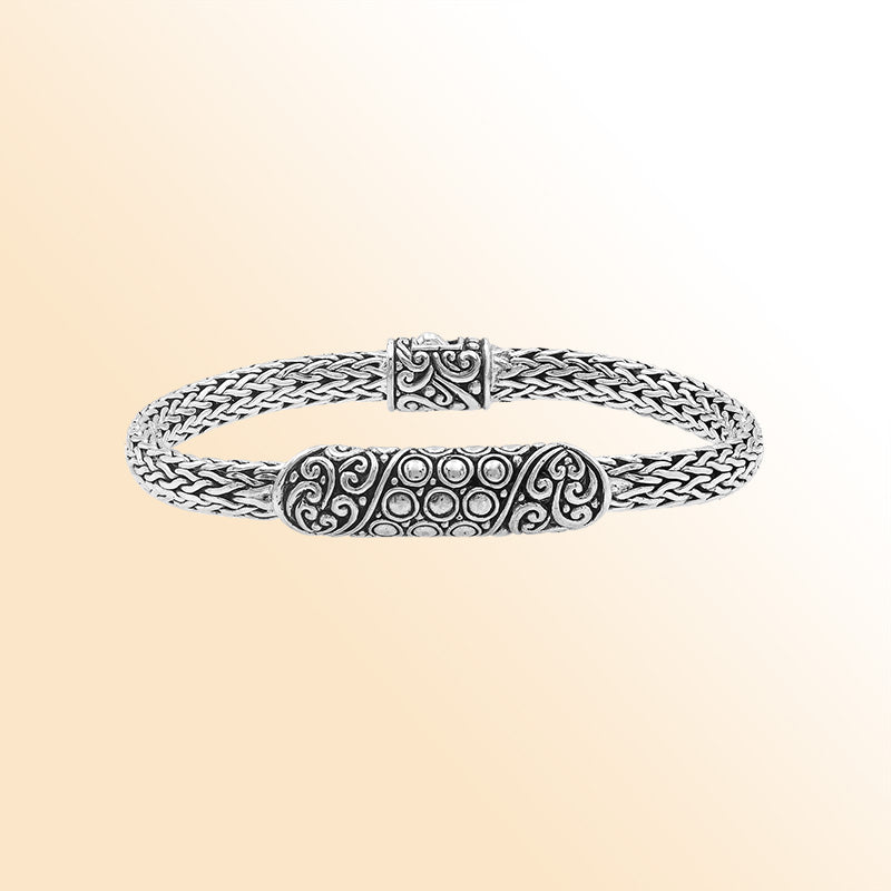Elegant sterling silver Byzantine bracelet with Balinese bar detailing and oxidized pattern