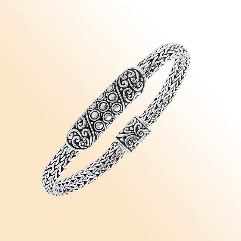 Elegant sterling silver Byzantine bracelet with Balinese bar detailing and oxidized pattern