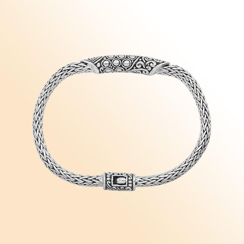 Elegant sterling silver Byzantine bracelet with Balinese bar detailing and oxidized pattern