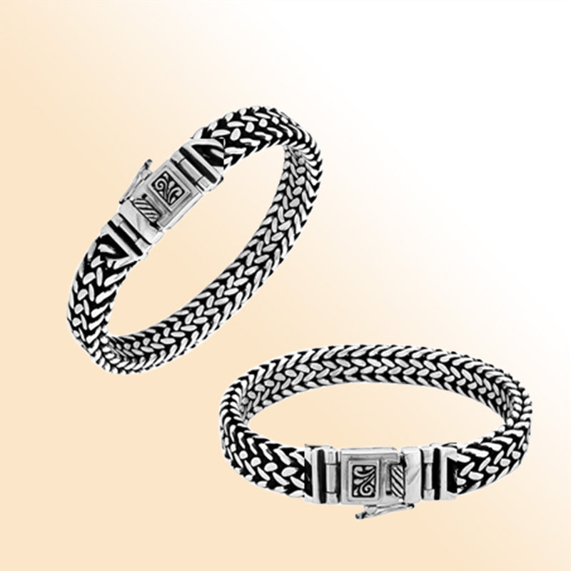 Elegant sterling silver foxtail bracelet with Balinese clasp and oxidized polished finish