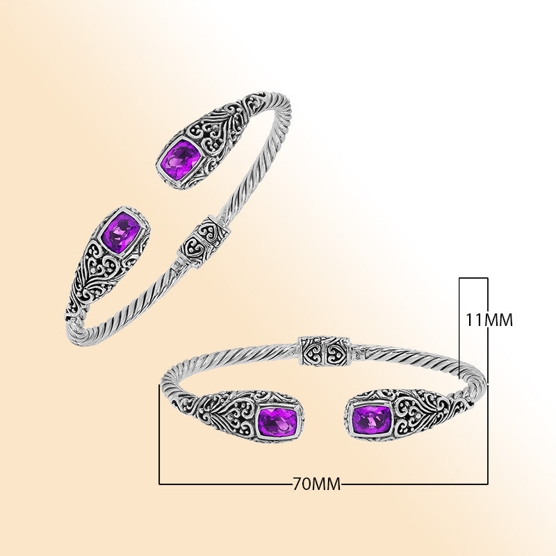 Elegant sterling silver open bangle with amethyst quartz accents and Balinese engraved pattern