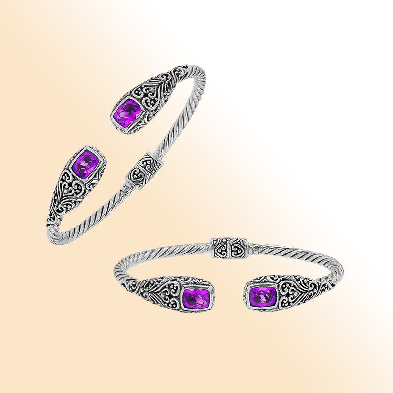 Elegant sterling silver open bangle with amethyst quartz accents and Balinese engraved pattern