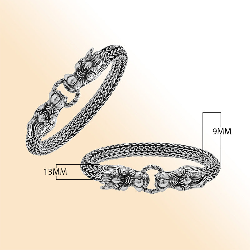 Sterling silver woven bracelet with double dragon head design and Balinese detailing