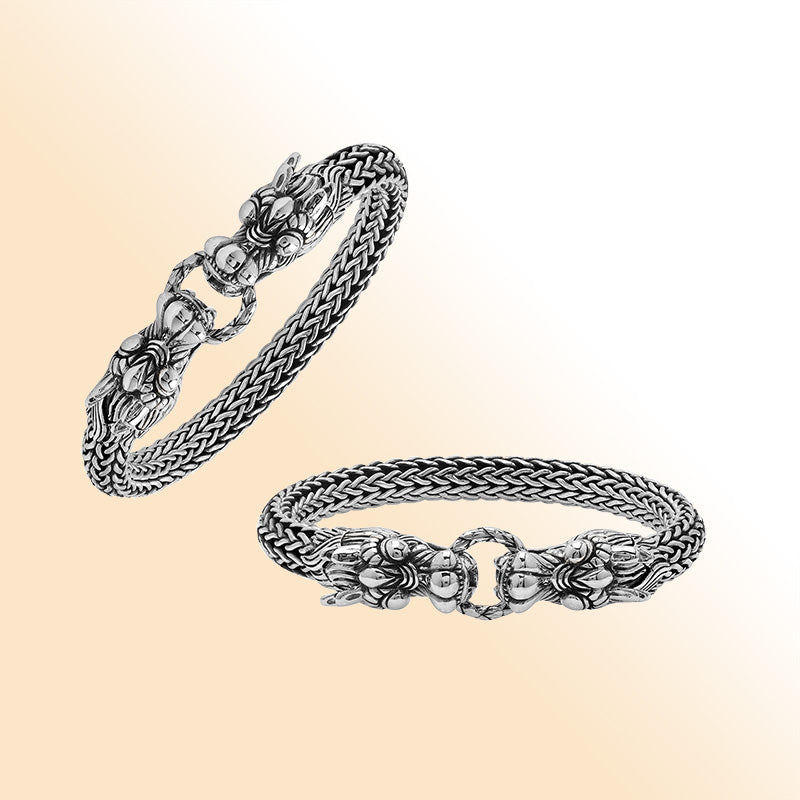 Sterling silver woven bracelet with double dragon head design and Balinese detailing