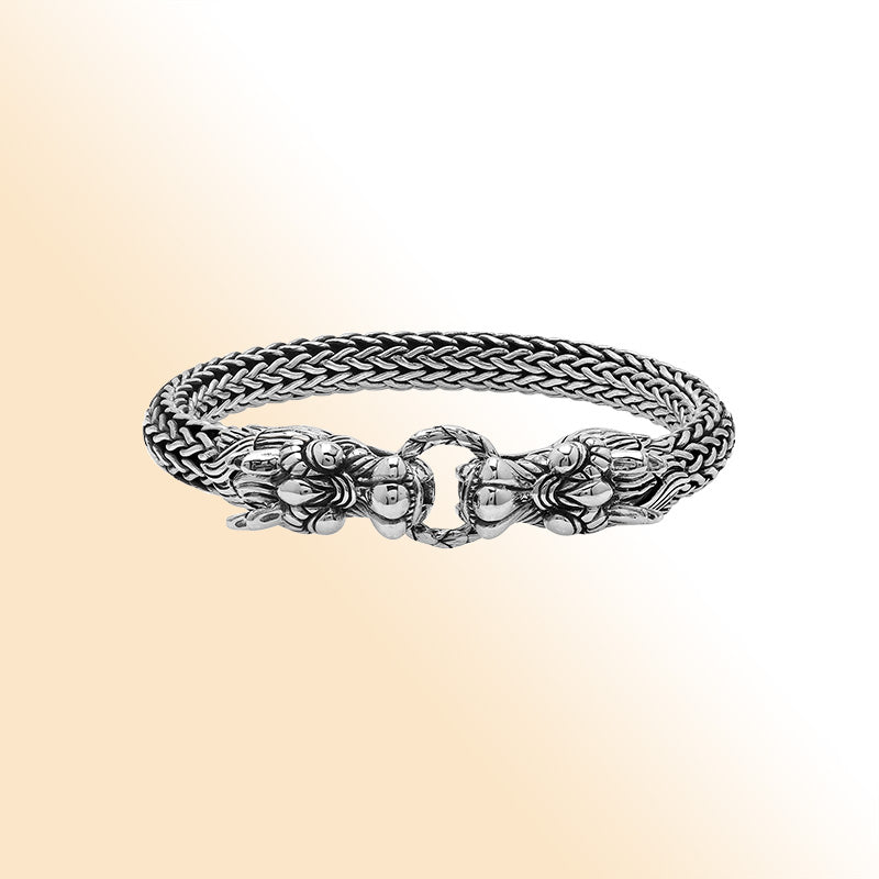 Sterling silver woven bracelet with double dragon head design and Balinese detailing