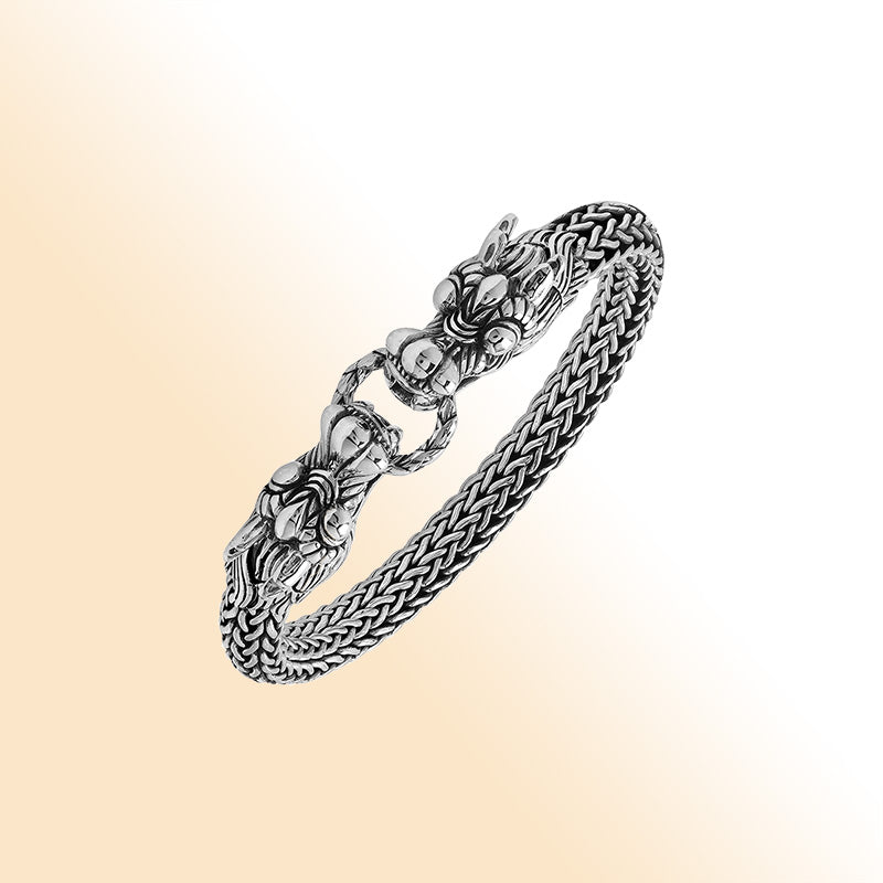 Sterling silver woven bracelet with double dragon head design and Balinese detailing