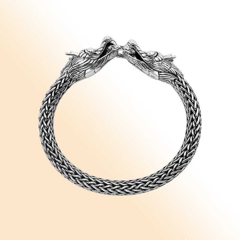 Sterling silver woven bracelet with double dragon head design and Balinese detailing
