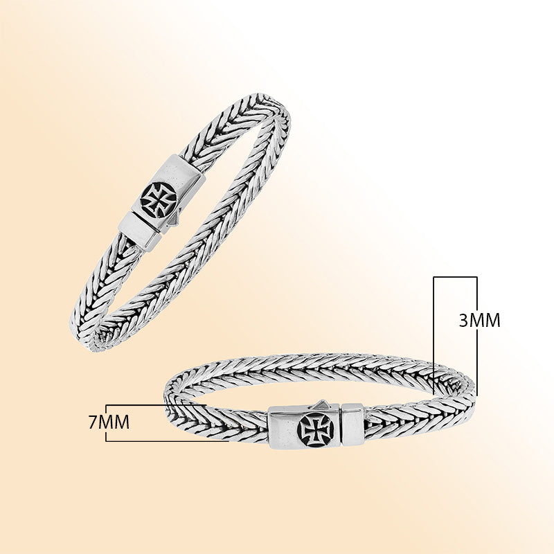 Elegant sterling silver wheat chain bracelet with cross clasp and polished Balinese design