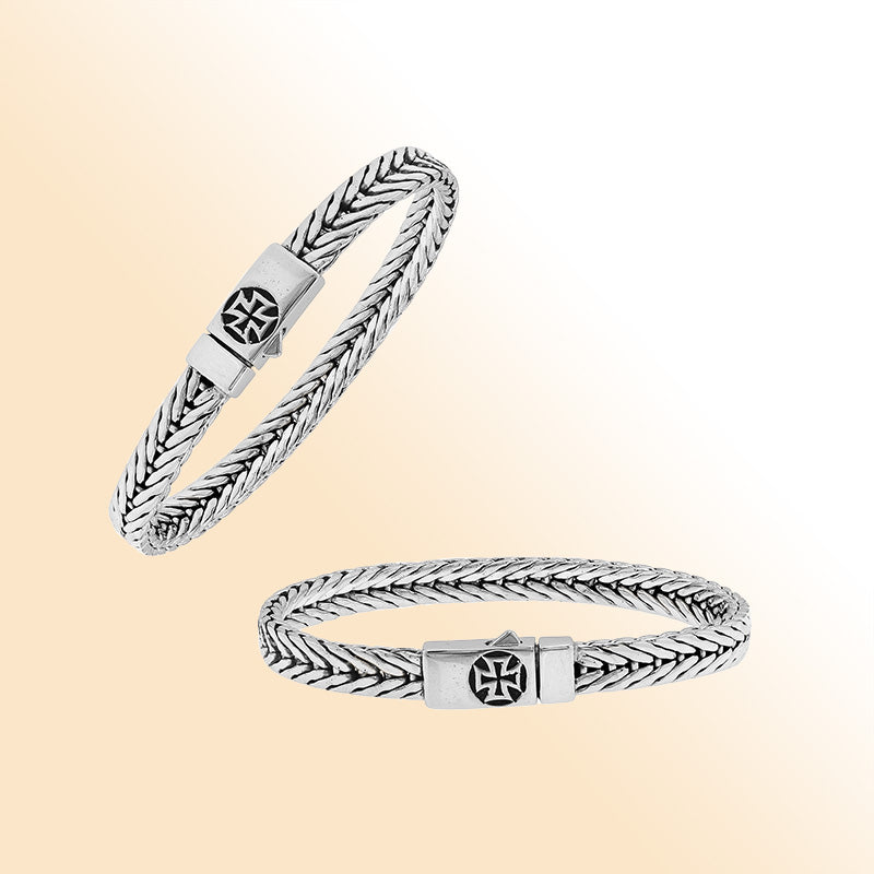 Elegant sterling silver wheat chain bracelet with cross clasp and polished Balinese design