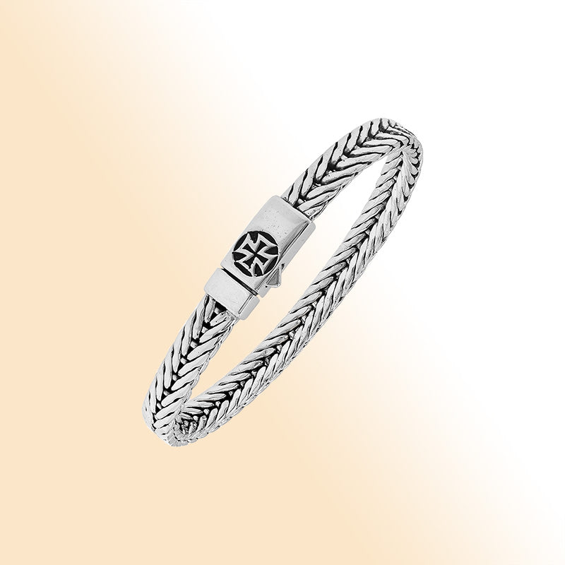 Elegant sterling silver wheat chain bracelet with cross clasp and polished Balinese design