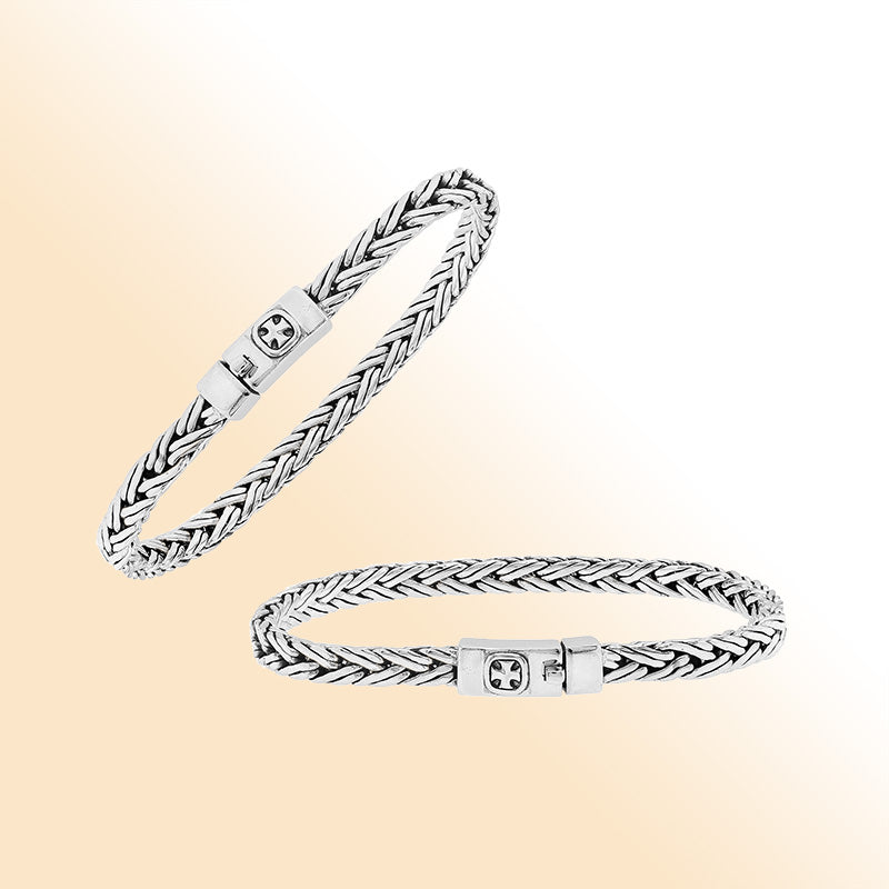 Elegant sterling silver wheat chain bracelet with cross push clasp and Balinese detailing