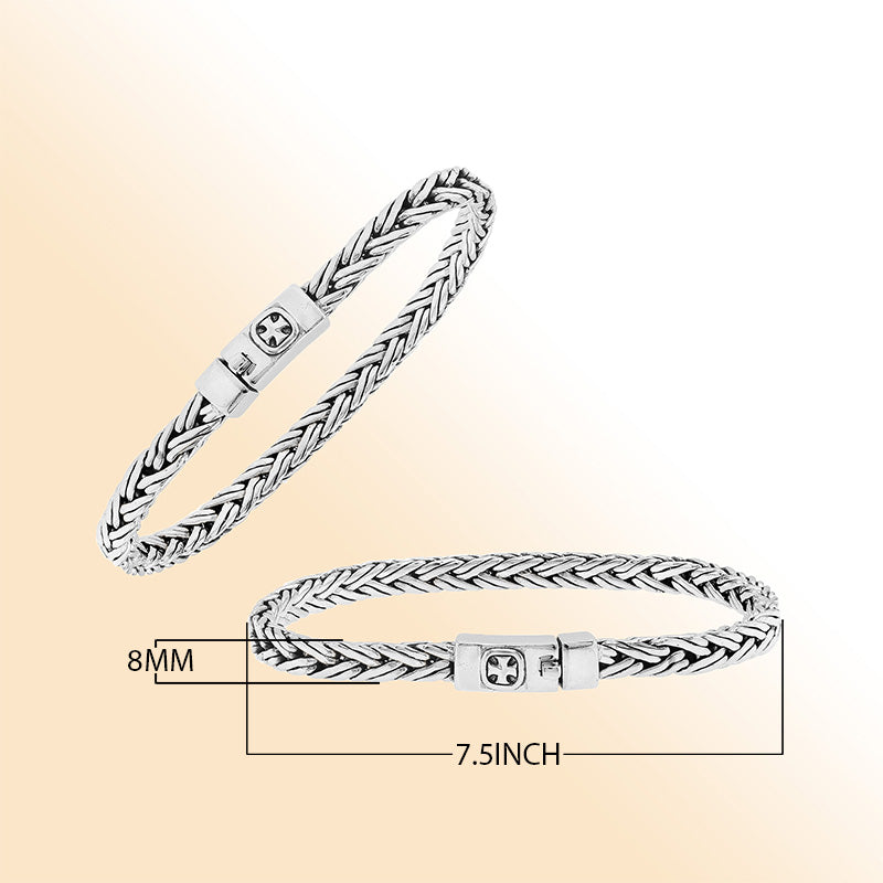 Elegant sterling silver wheat chain bracelet with cross push clasp and Balinese detailing