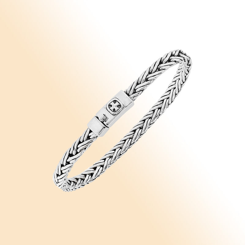 Elegant sterling silver wheat chain bracelet with cross push clasp and Balinese detailing