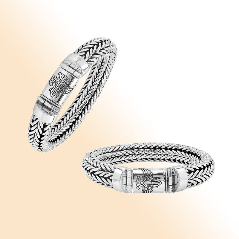 Sterling silver wheat chain bracelet with eagle design push clasp handcrafted in Bali