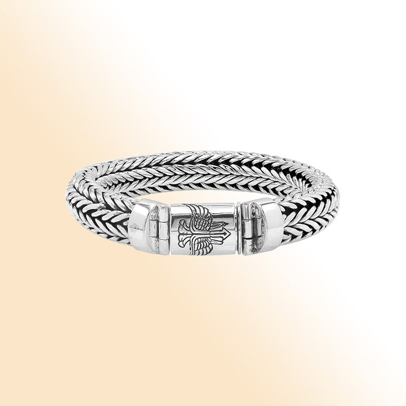 Sterling silver wheat chain bracelet with eagle design push clasp handcrafted in Bali