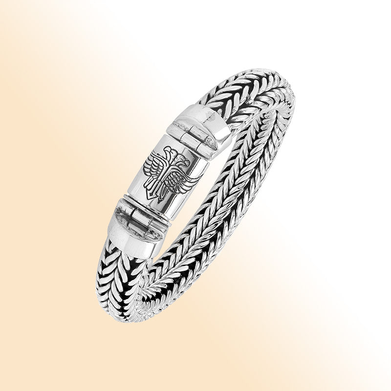 Sterling silver wheat chain bracelet with eagle design push clasp handcrafted in Bali