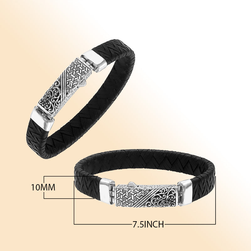 Sterling silver black leather braided bracelet with detailed Balinese push clasp handcrafted in Bali