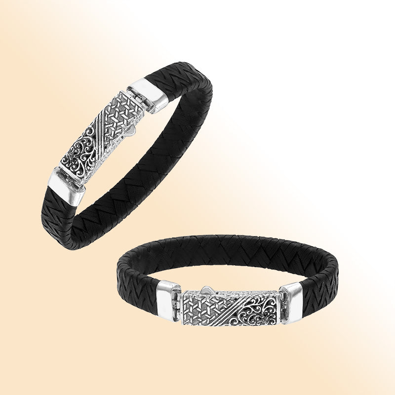 Sterling silver black leather braided bracelet with detailed Balinese push clasp handcrafted in Bali