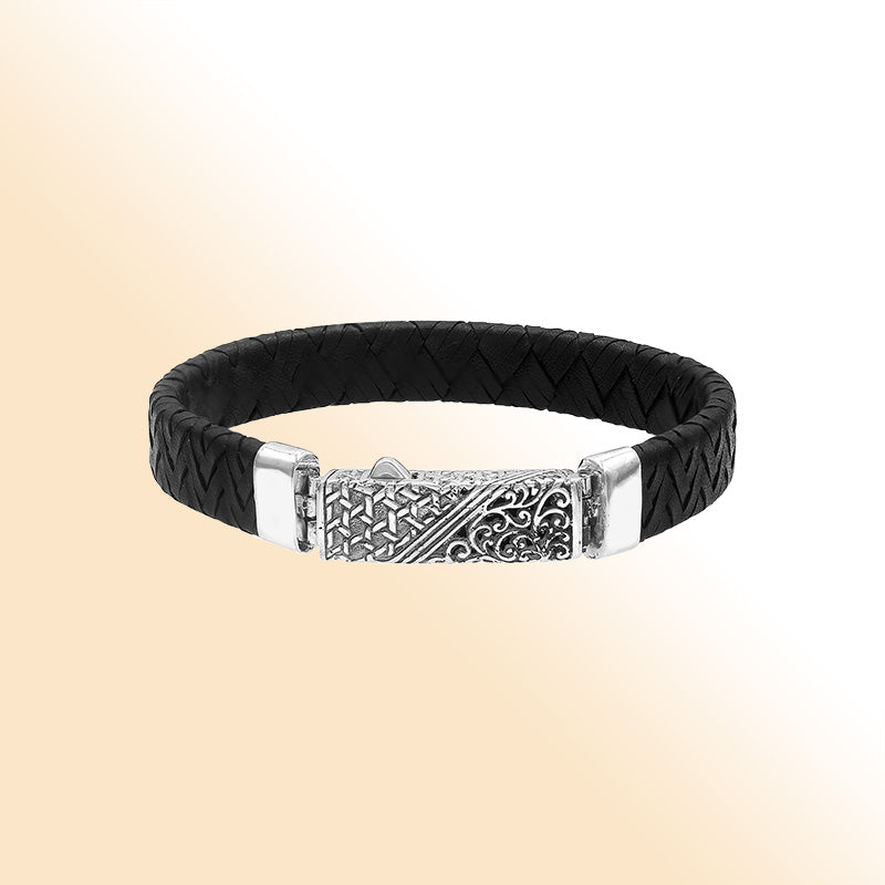 Sterling silver black leather braided bracelet with detailed Balinese push clasp handcrafted in Bali