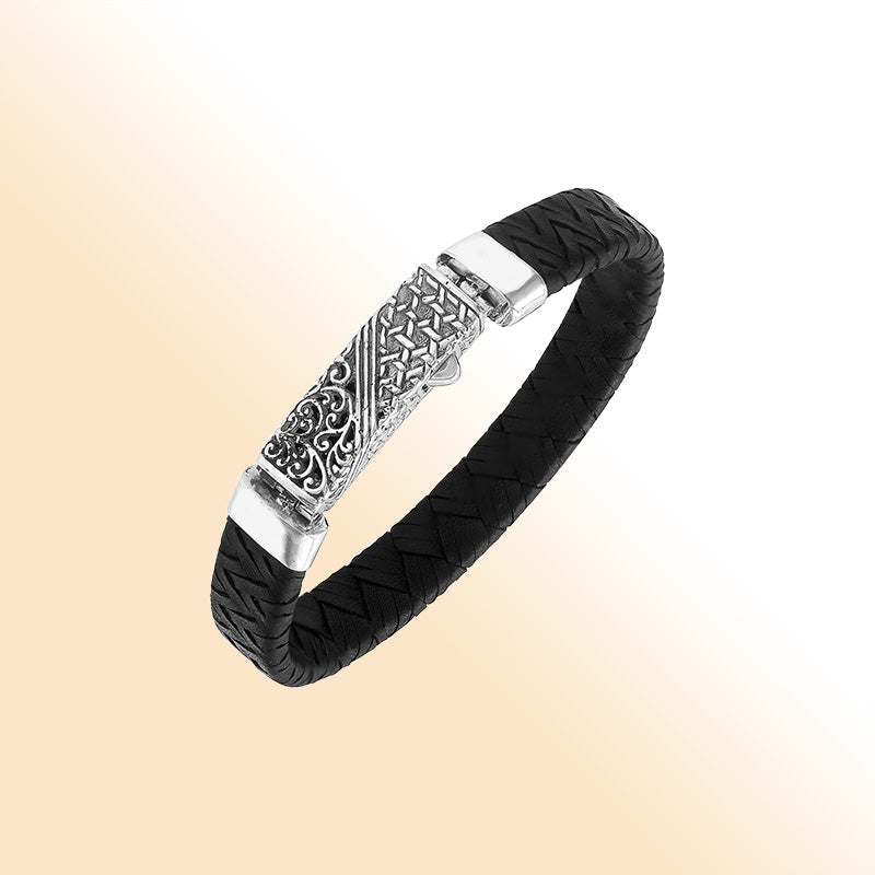 Sterling silver black leather braided bracelet with detailed Balinese push clasp handcrafted in Bali