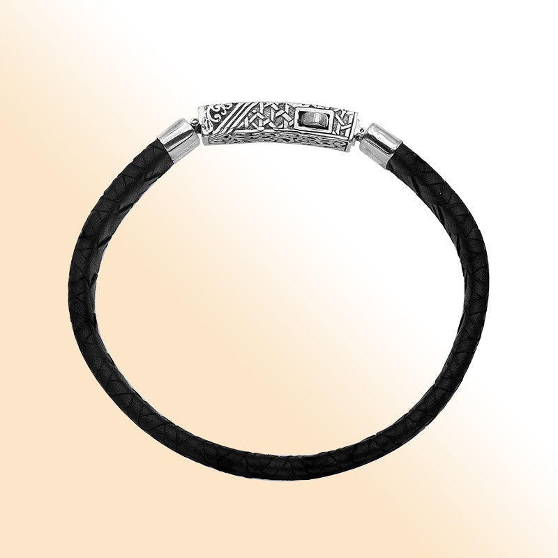 Sterling silver black leather braided bracelet with detailed Balinese push clasp handcrafted in Bali