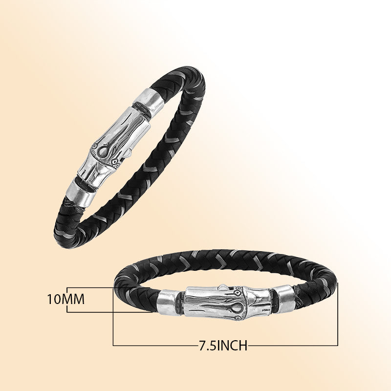 Sterling silver black leather braided bracelet with high polish clasp handcrafted in Bali