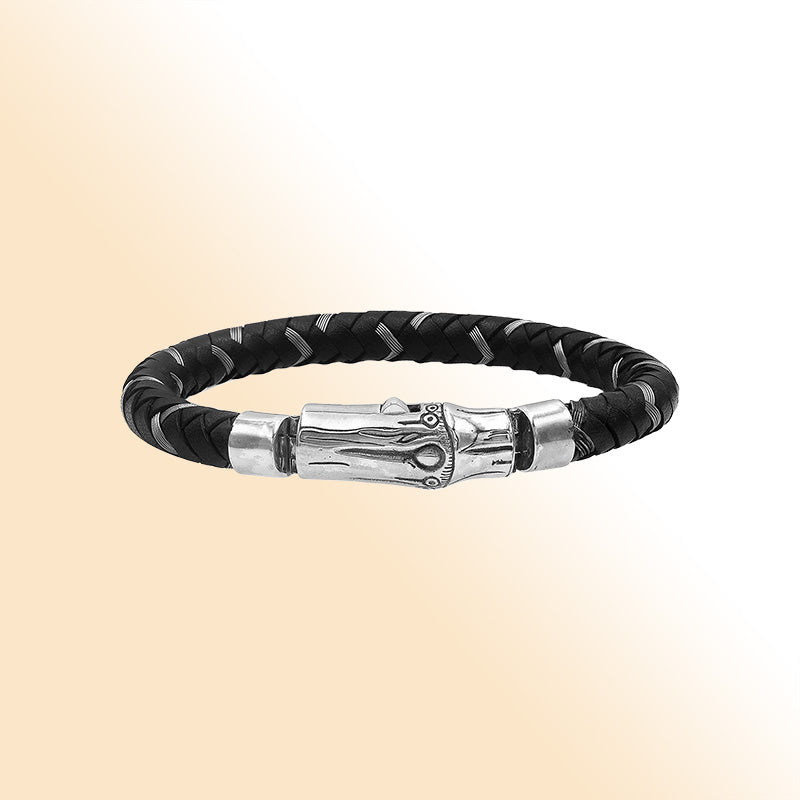 Sterling silver black leather braided bracelet with high polish clasp handcrafted in Bali