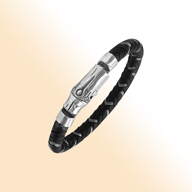Sterling silver black leather braided bracelet with high polish clasp handcrafted in Bali