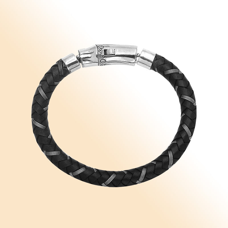 Sterling silver black leather braided bracelet with high polish clasp handcrafted in Bali